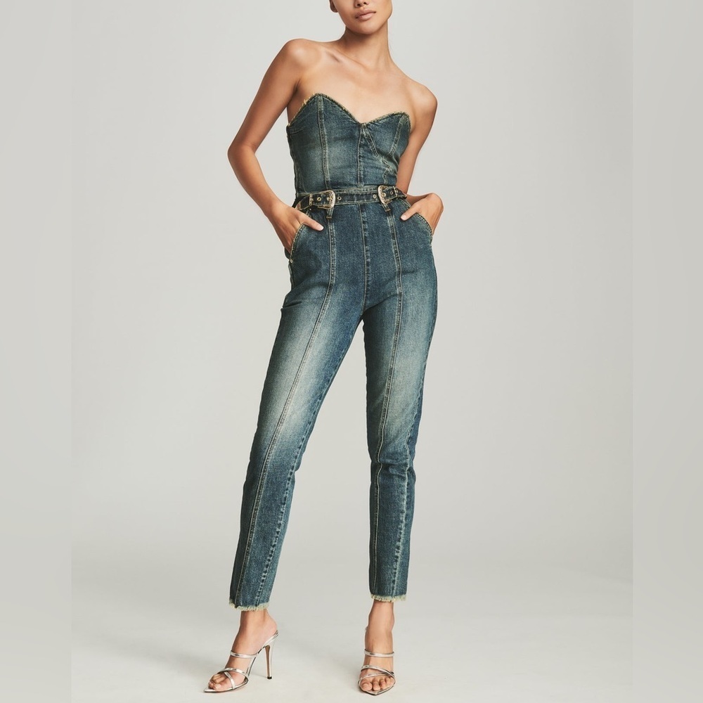 Strapless Indigo Denim Jumpsuit with Belt